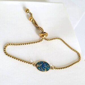Handcrafted Boho Gold Blue Agate Gemstone Oval Dainty Adjustable Bracelet
